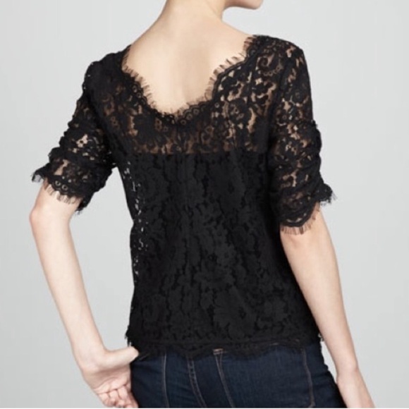 Joie Nevina Black Lace Scalloped Eyelash Trim Short Sleeve Top Blouse - Picture 3 of 14